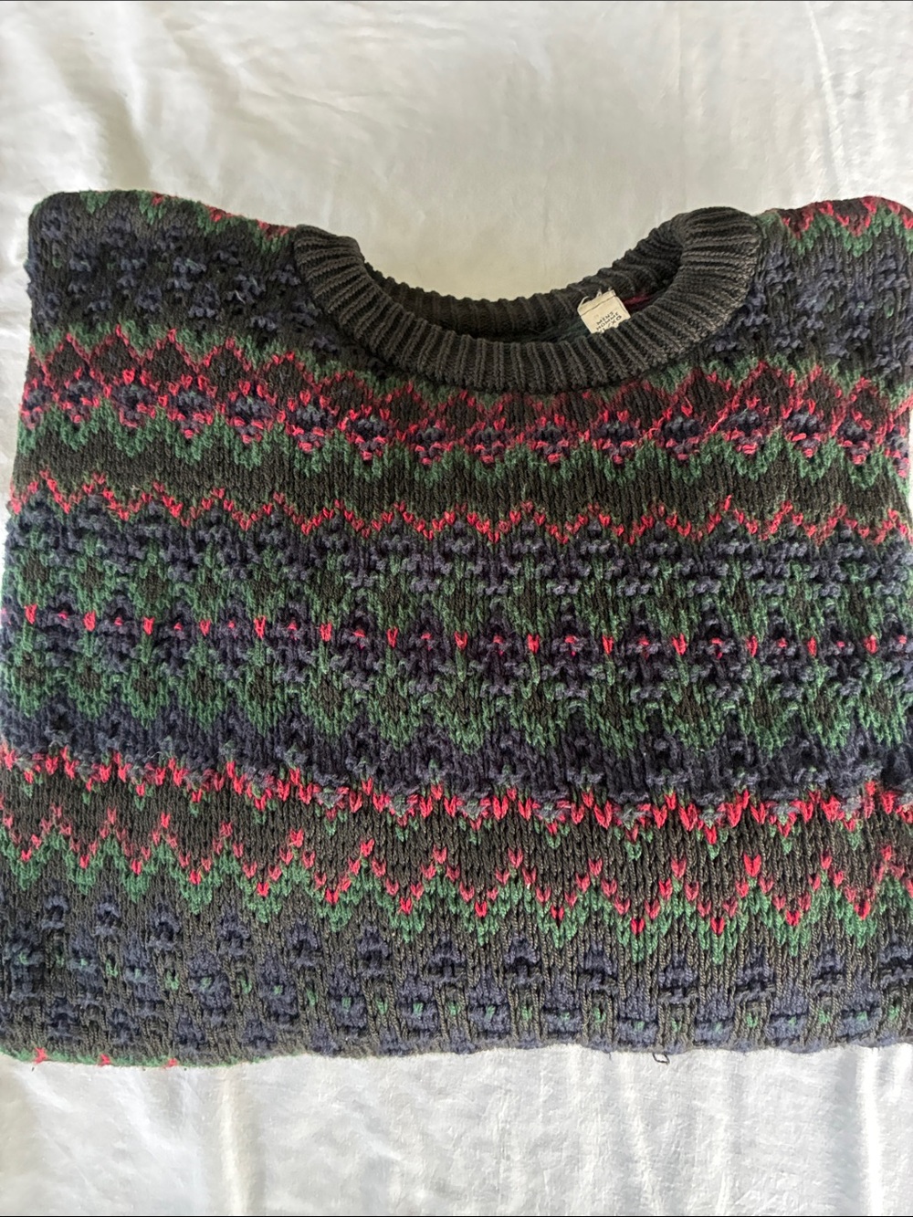 Vintage Men's Crewneck Fair Isle Sweater in Black with Red & Green Accents